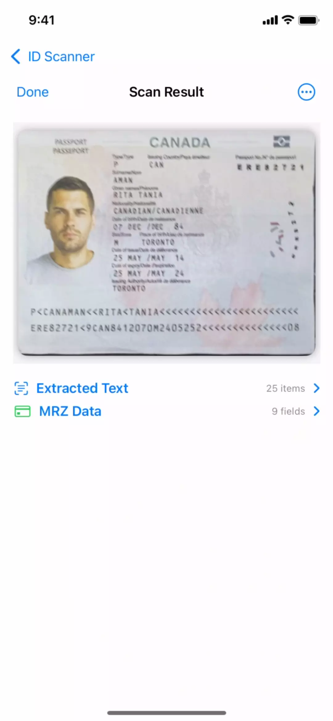 OCR and MRZ Results