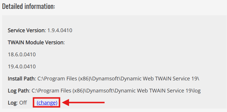 DWT Service page — click (change) to enable verbose logging